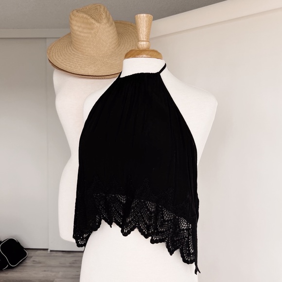 Anthropologie Tops - BLACK LACE TRIMMED HALTER LOW BACK TOP